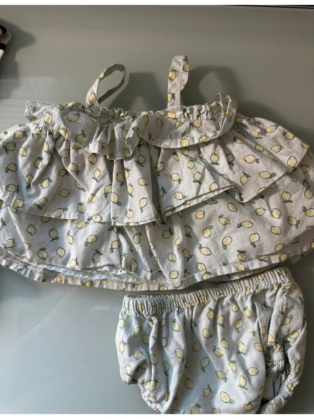 GAP Navy Stripe Top and Lemon Print Blue Matching Set 3-6 months - Picture 3 of 6